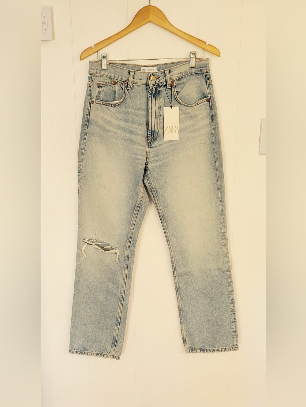 Zara Light Wash Blue Distressed Straight-Leg Jeans